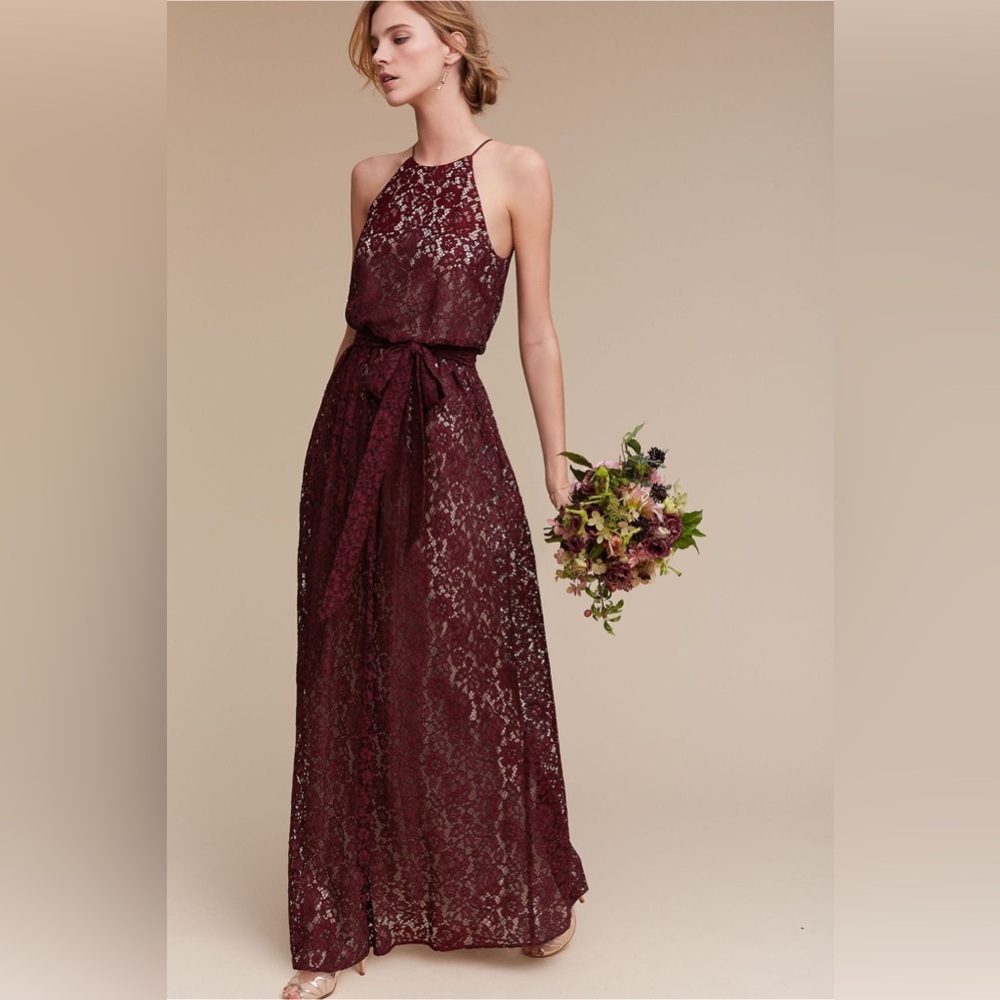 BHLDN Donna Morgan Maroon Lace Bridesmaids Dress